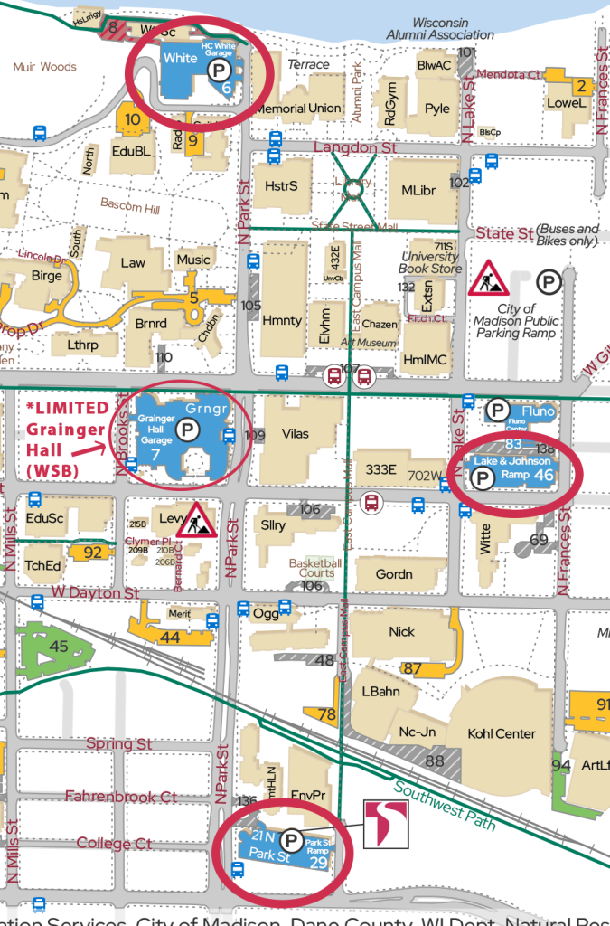 A campus map highlights four UW-Madison parking garages with red circles, including Helen C. White Garage, Grainger Hall Garage, the City of Madison Public Parking Ramp, and the 21 N Park Street Ramp