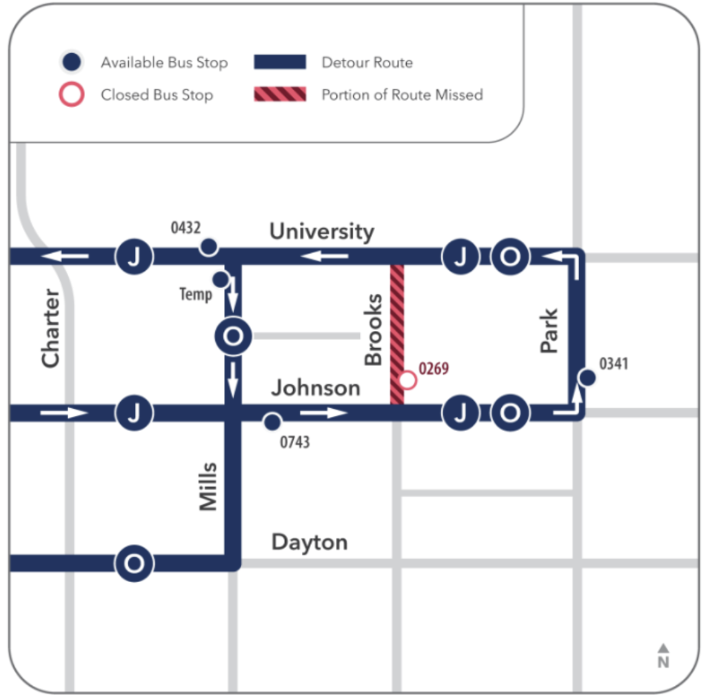 A bus detour map showing a temporary stop near Charter and Johnson Streets. The stop on Brooks Street is temporarily closed due to construction. 
