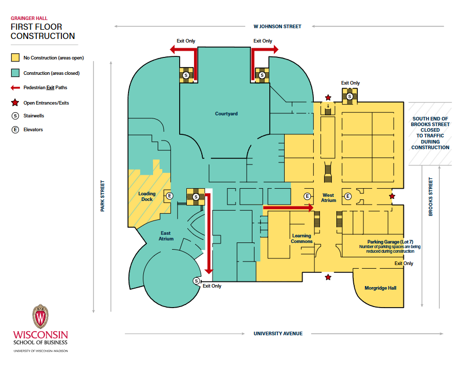 Map of Grainger Hall, indicating that entrances near Park Street will be closed. Only entrances on University Avenue, Brooks Street, and Johnson Street will be available.