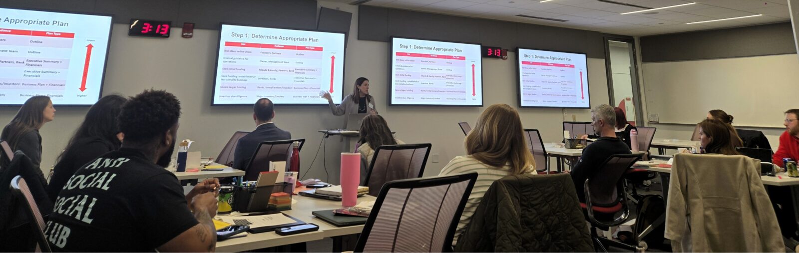 Consultant Amy Bruner Zimmerman presents to the Entrepreneurial Training Program class about what businesses need to write a full business plan. This session is part of the in-person piece of ETP.