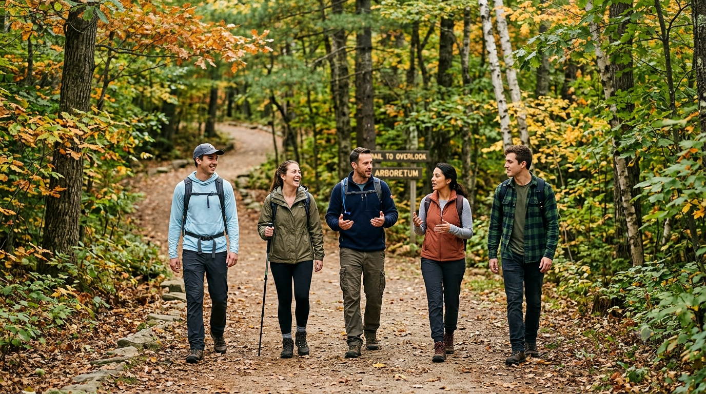 Entrepreneurs hiking in an arboretum